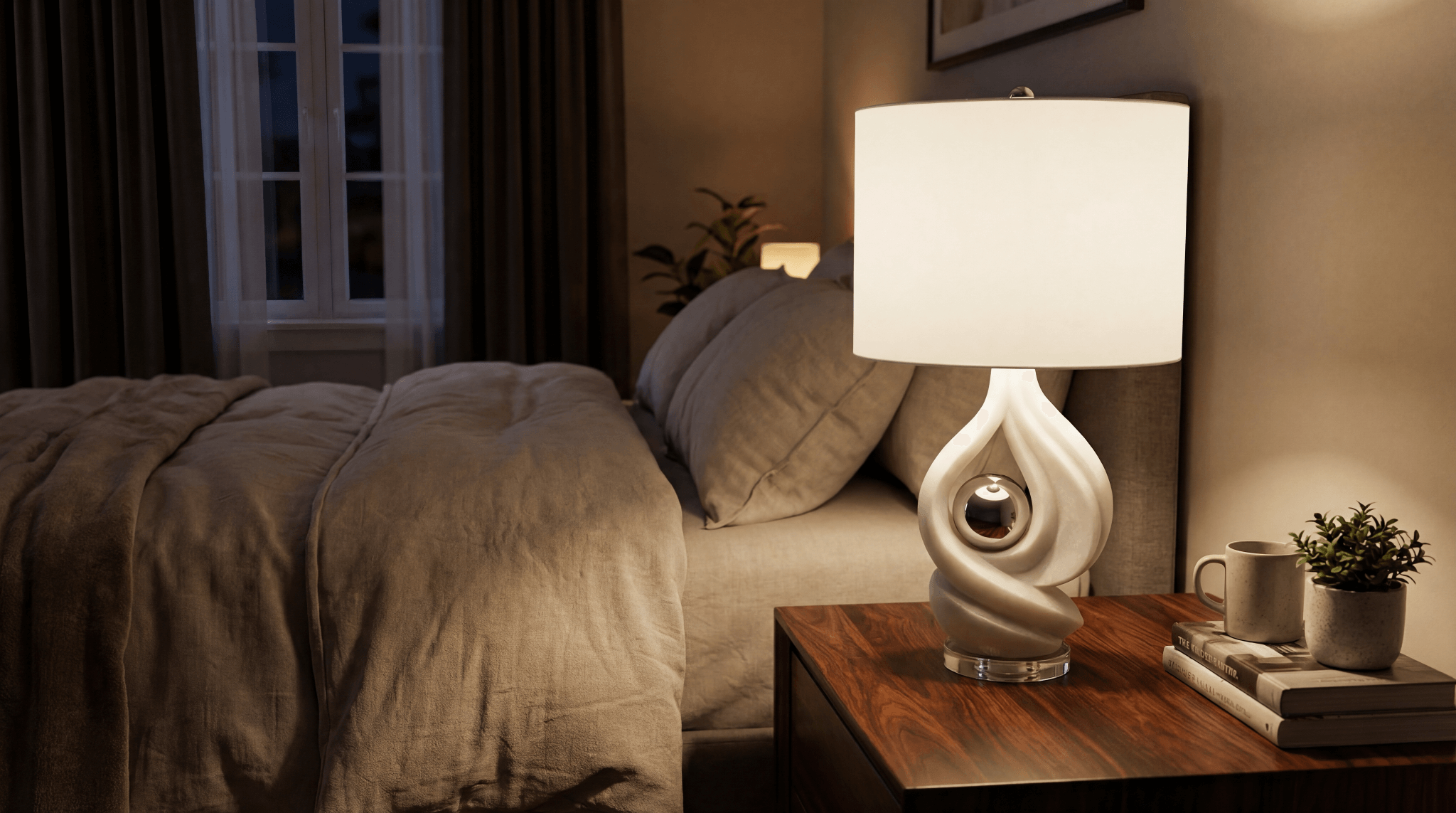 White ceramic table lamp with twisted base and drum shade on a wooden nightstand in a dimly lit bedroom