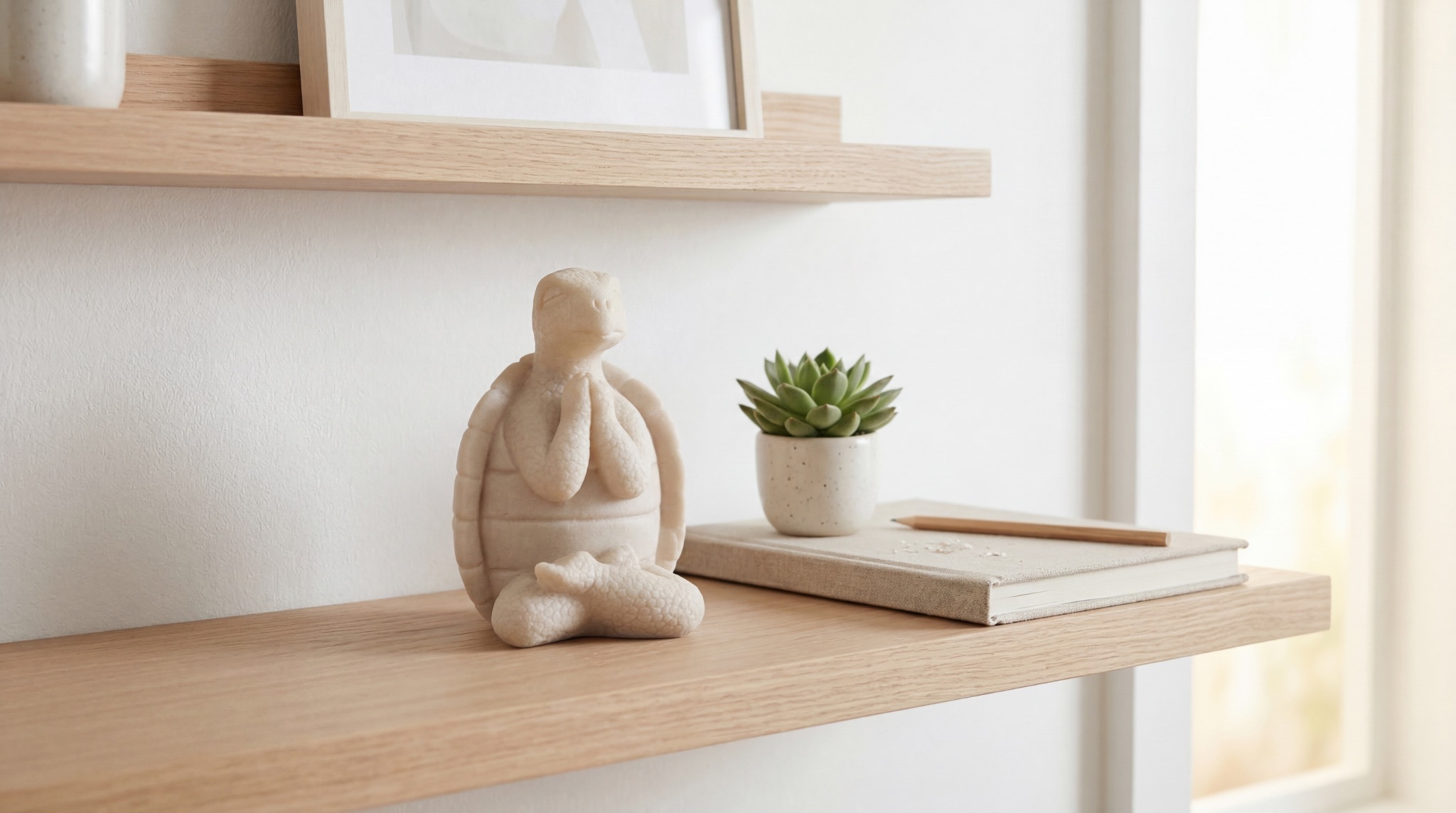 Cream ceramic meditating turtle sculpture for minimalist shelf styling