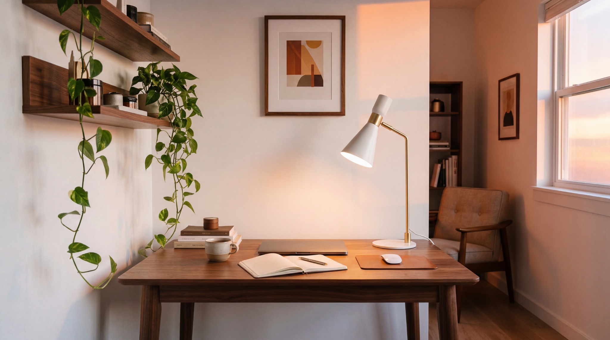 White and brass desk lamp on a walnut home office desk during golden hour