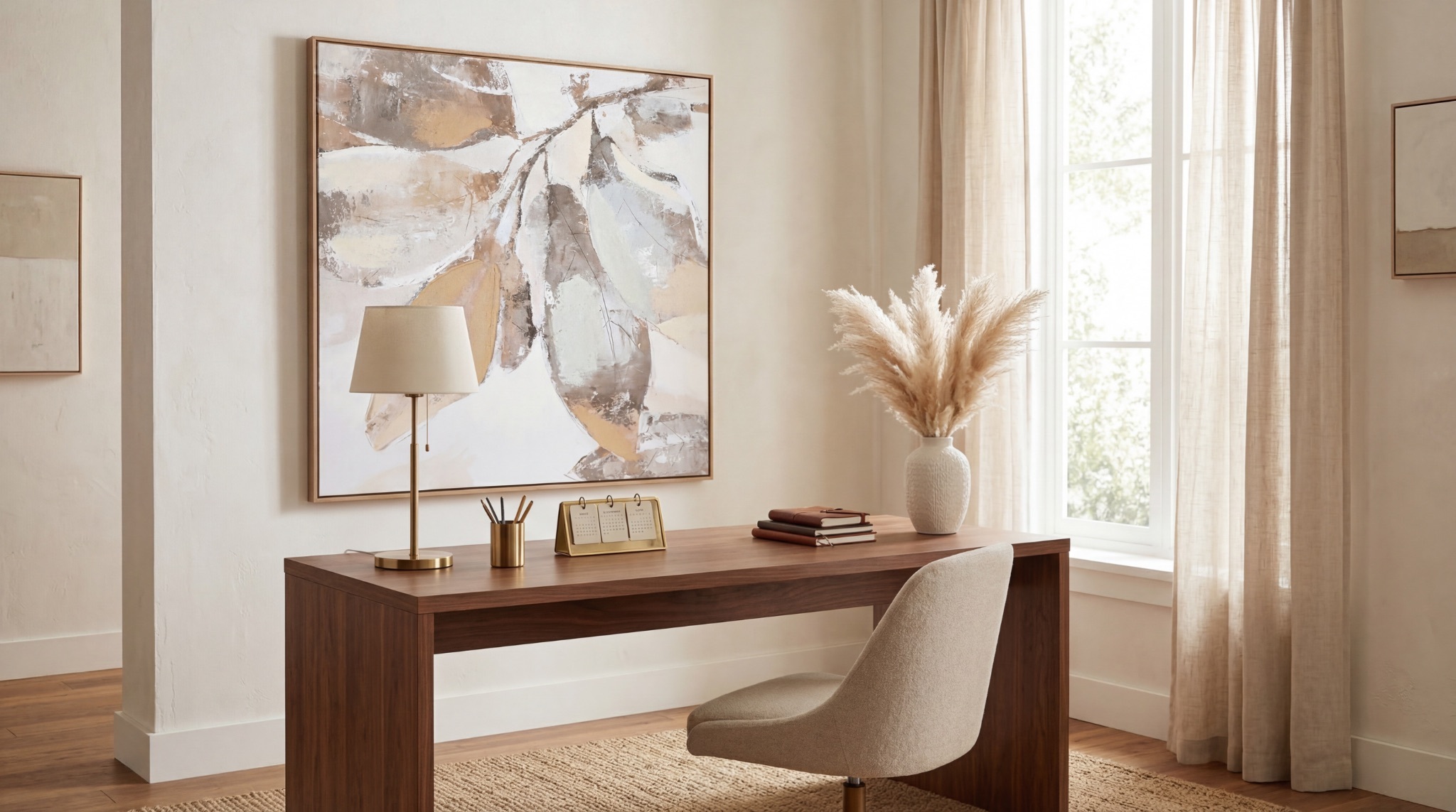 Blue marbled ceramic table lamp glowing on a credenza in a moody home office at night