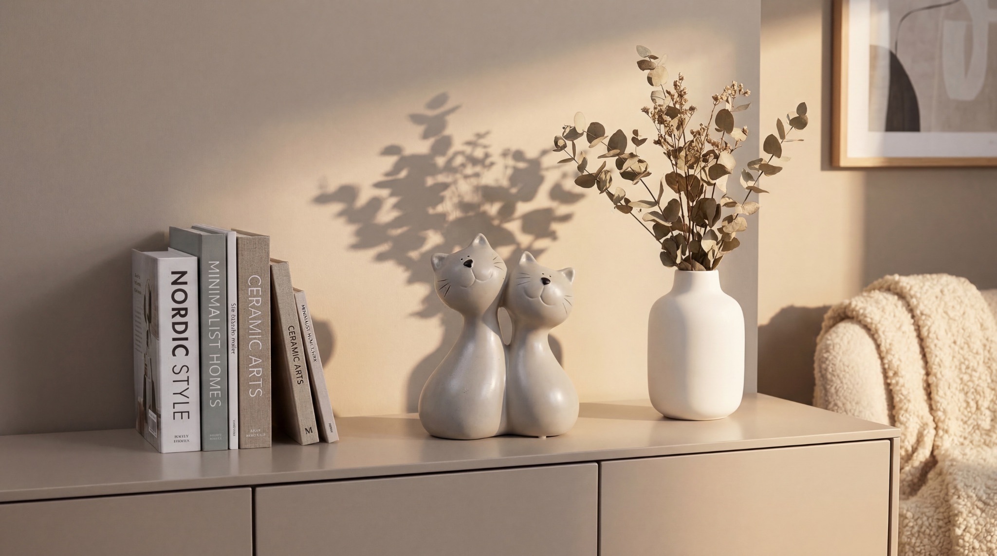 Gray ceramic cat pair figurine as a playful modern home decor accessory