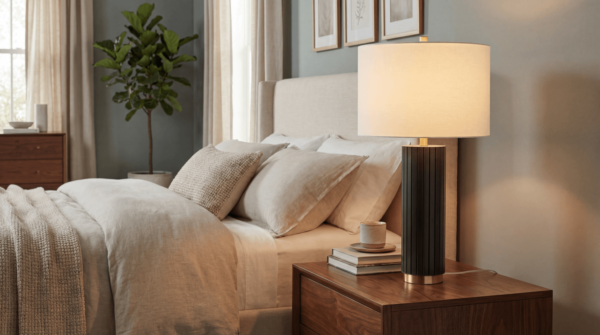 Modern bedside table lamp with dark fluted base and brass detail on a nightstand in a neutral bedroom