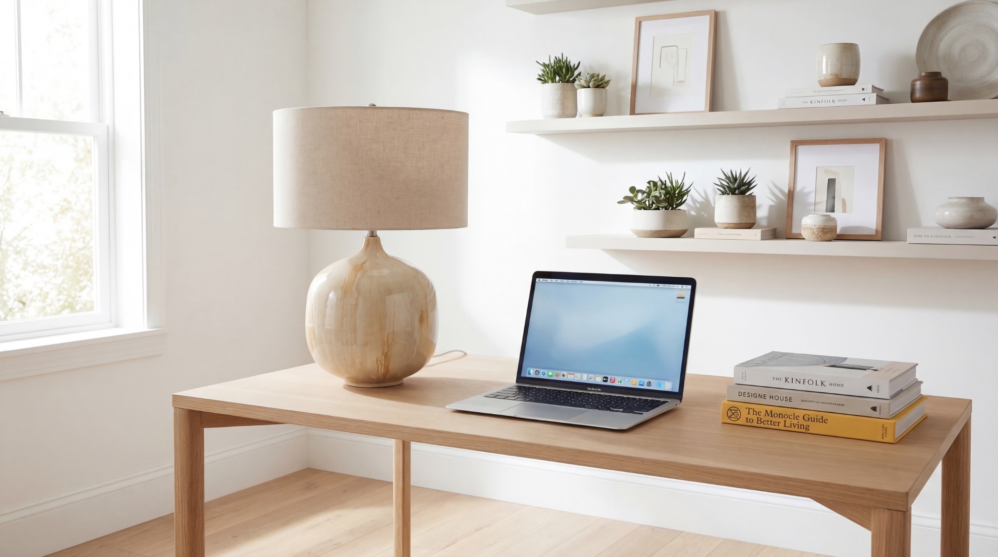 Cream ceramic table lamp on a light oak home office desk with floating shelves and succulents