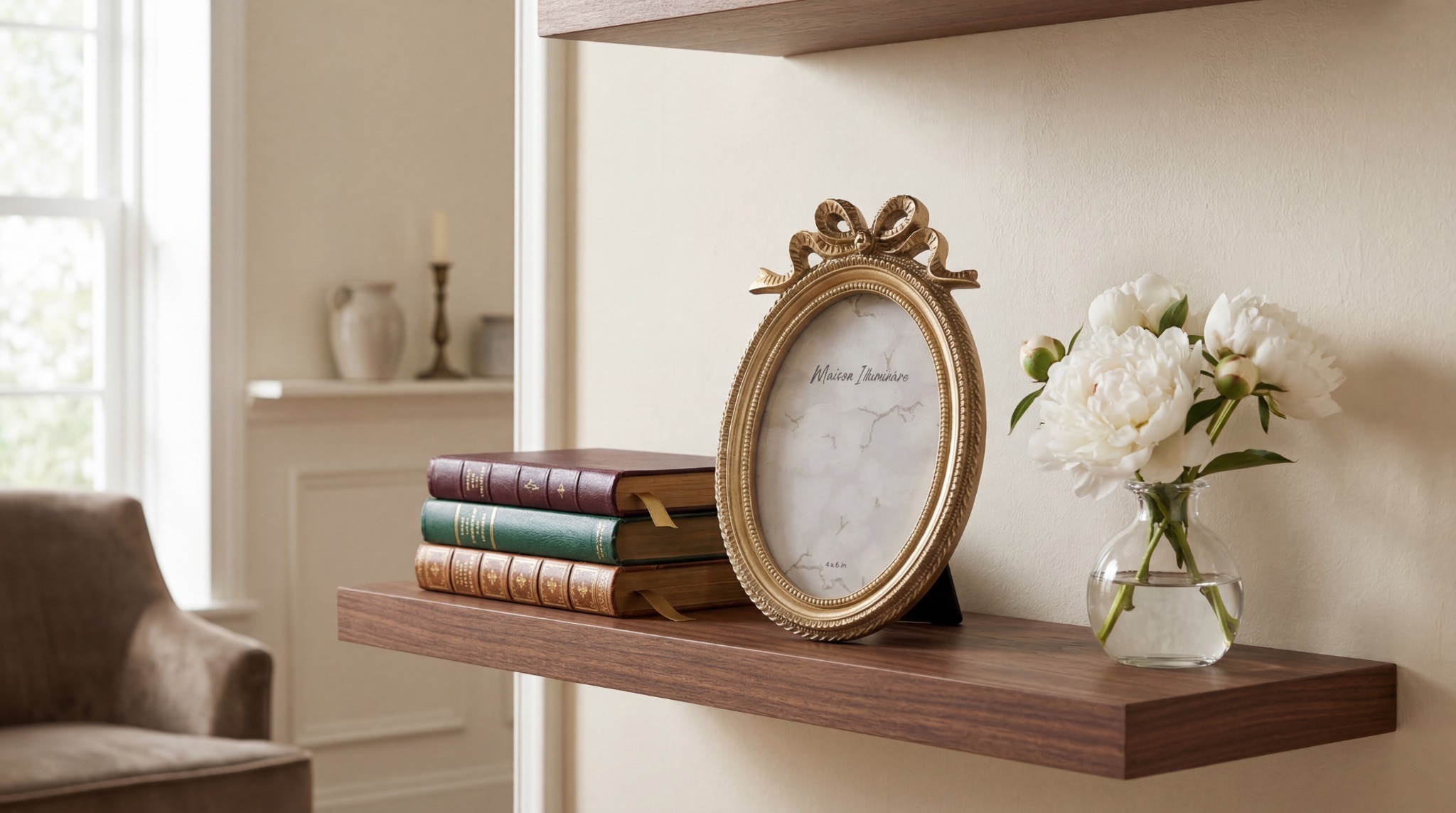 Gold oval photo frame with bow detail as a traditional style home decor accent